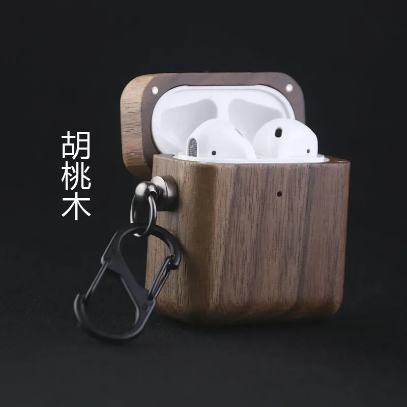 Natural Wood Bamboo Earphone Case for Airpods Pro 2 Pro Hard Cover for Airpods 1/2/3/4 With Metal Buckle Hook