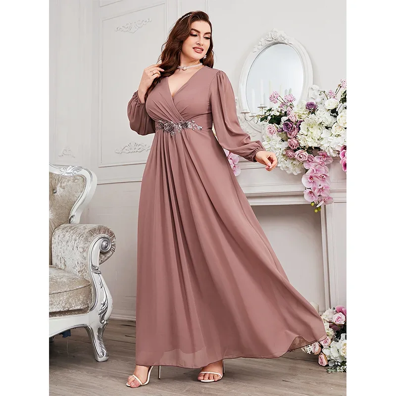 Mulheres Decote em V de mangas compridas Vestido, Rosa Chiffon Maxi Dress, Dama de Casamento, S-7XL, 4XL, 5XL