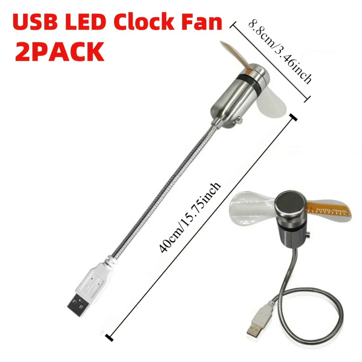 2Pack USB LED Clock Fan, Mobile USB Real Fan Time Display 90mm USB-Powered, Mini USB Fan Programmable Edit LED Display Fan, Port