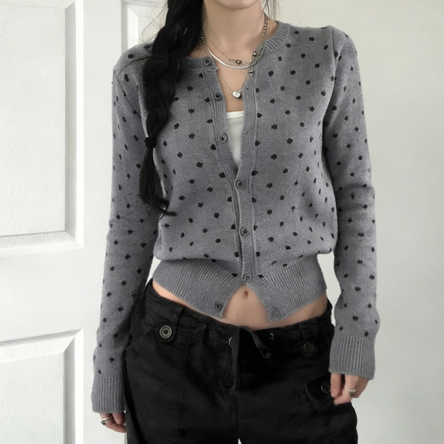 Crop Cardigan Vintage - SUCHCUTE グランジ Y2K セーター レディース ドットプリント