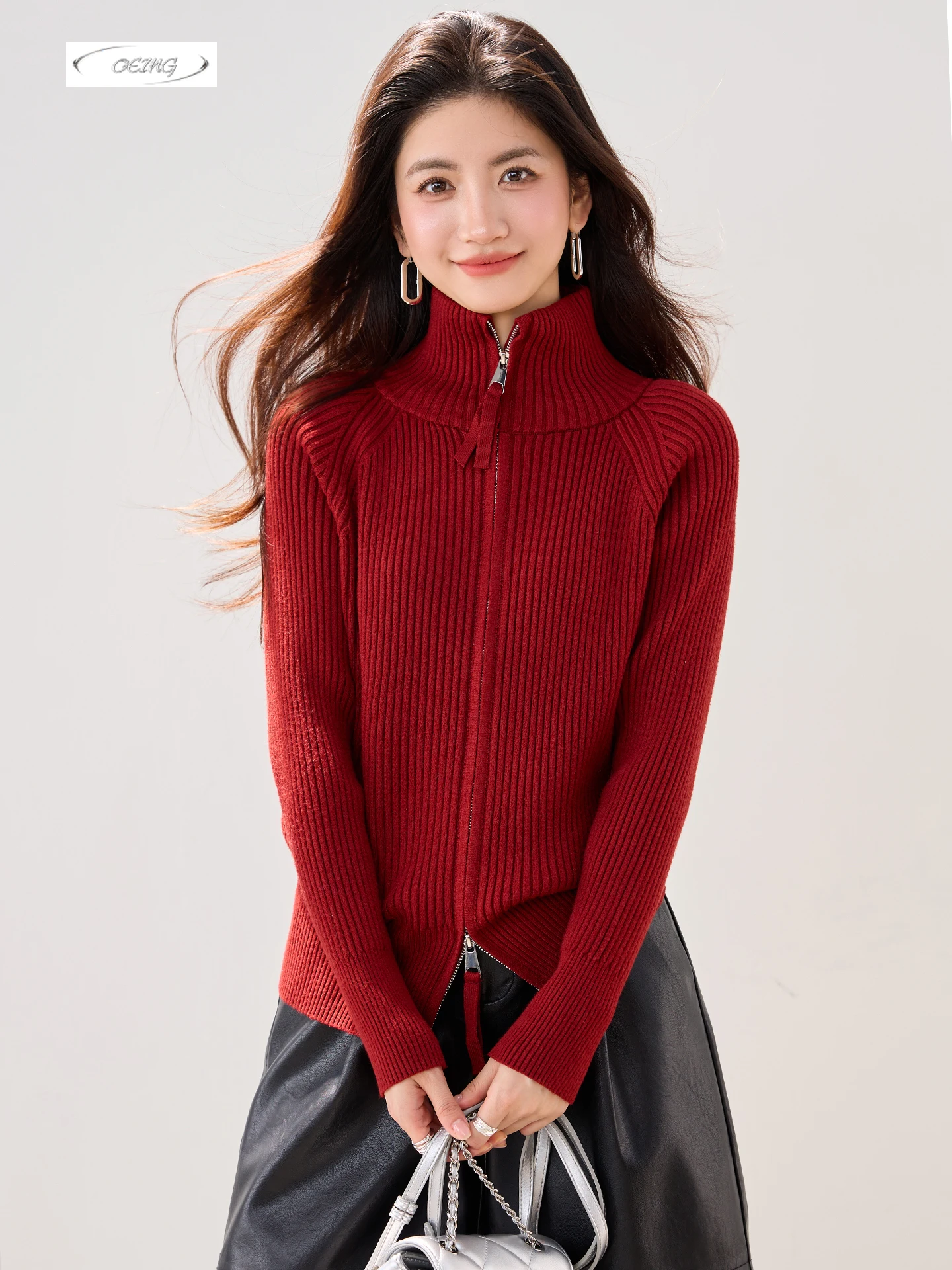 

Double Zipper Long Sleeve Turtleneck Red Cardigan Knitted Sweater Women Autumn Winter Elegant Korean Slim Tops Knitwear 6096