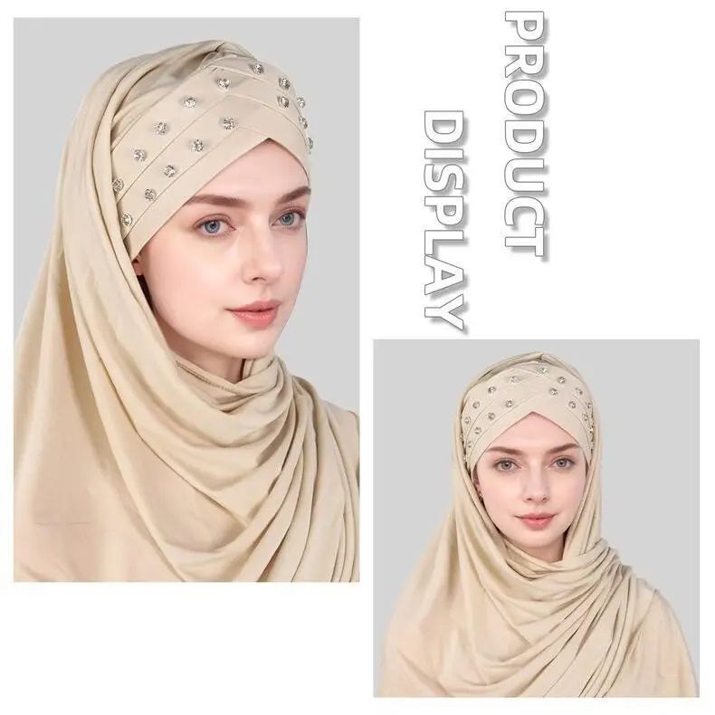 Women Turban Jersey Hijab With Stones Soft Forehead Cross Instant Hijab Shawls and Wraps Muslim Stretch Head Scarf