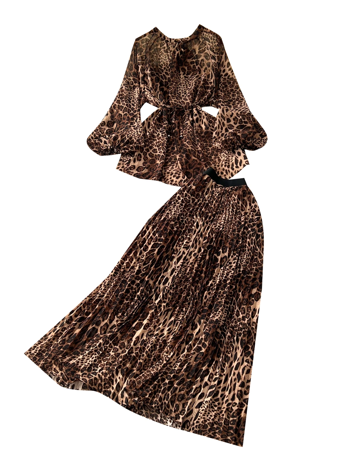 Autunno da donna Faion con cintura Lanterna Sve Stampa leopardata Top a vita alta Gonna a pieghe Set Abbigliamento da lavoro casual francese Sle