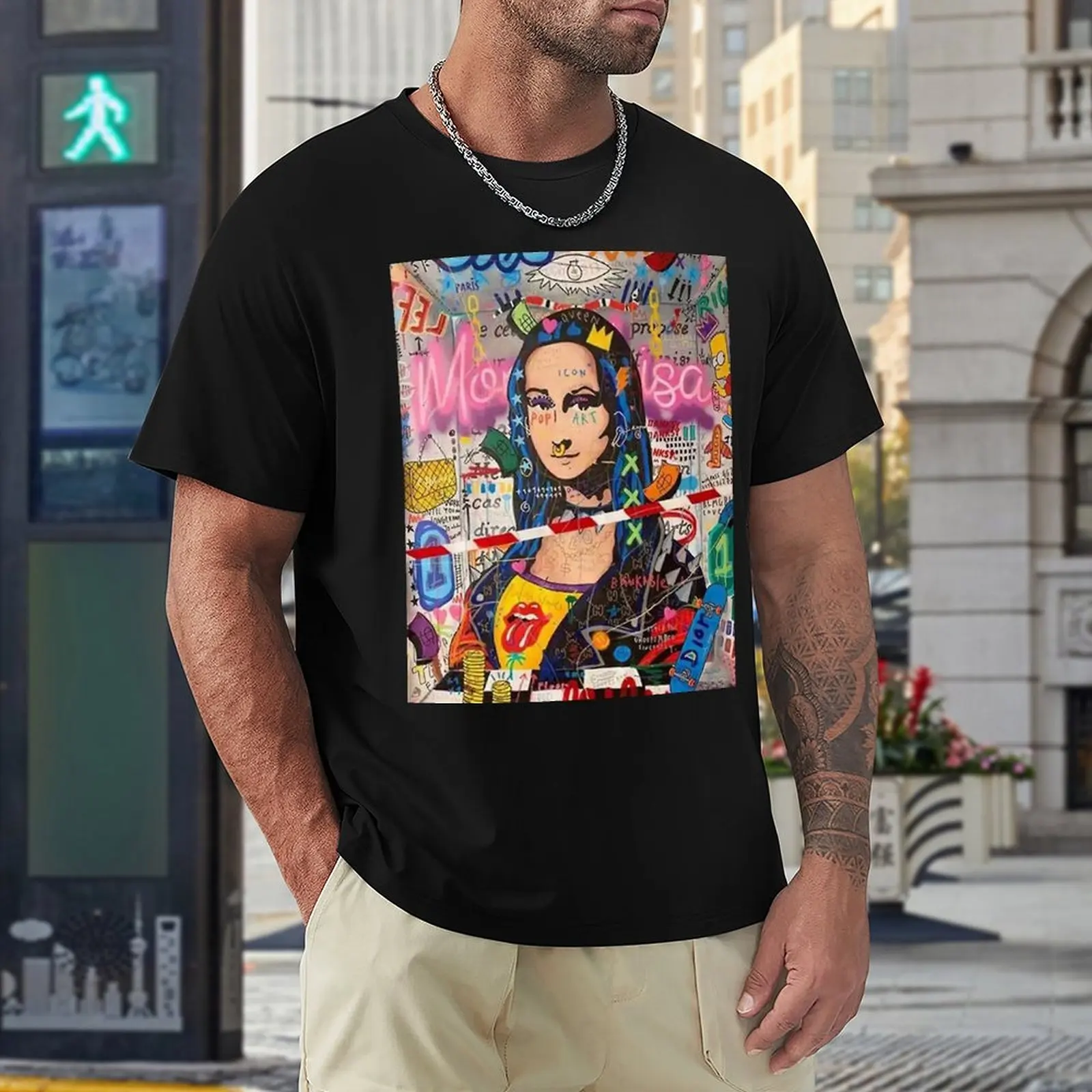 Banksy Mona Lisa for Sale Round Neck T-shirt Motion T-shirts Vintage Funny Novelty Home USA Size