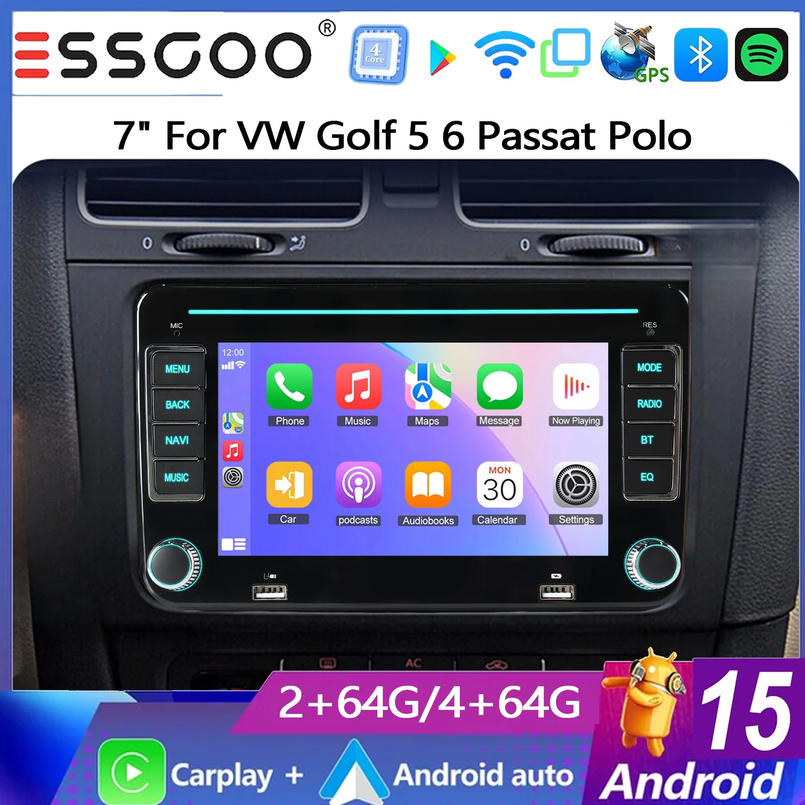 ESSGOO 7" Android 15 2+64G/4+64G Für Seat/Skoda/VW Golf 5 6 Passat Polo Touran Tiguan Rabbit Sharan Caddy EOS T5 Autoradio mit Wireless Carplay Android Auto GPS NAVI RDS FM WIFI Bluetooth Dual USB