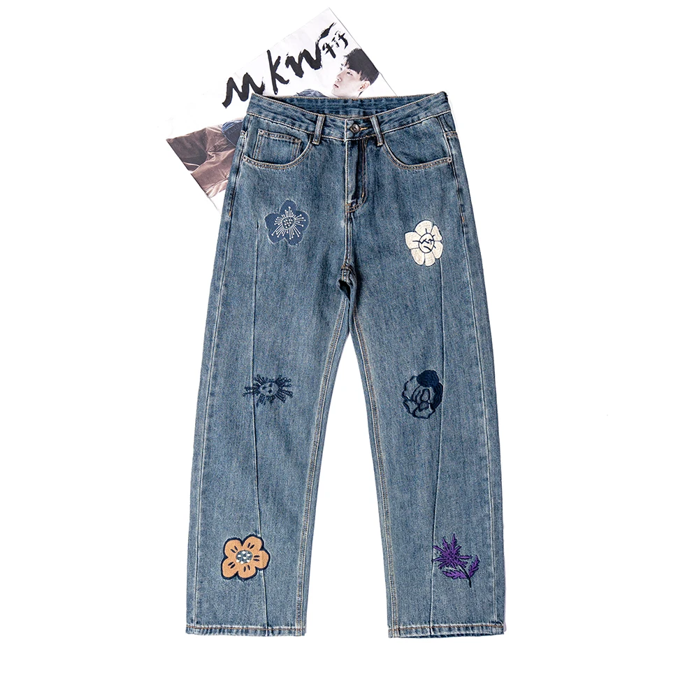 2024 Autumn American Vintage Casual Flower Embroidery Denim Jeans for Men Wide Leg Loose Straight 98.5% Cotton Long Pants Youth