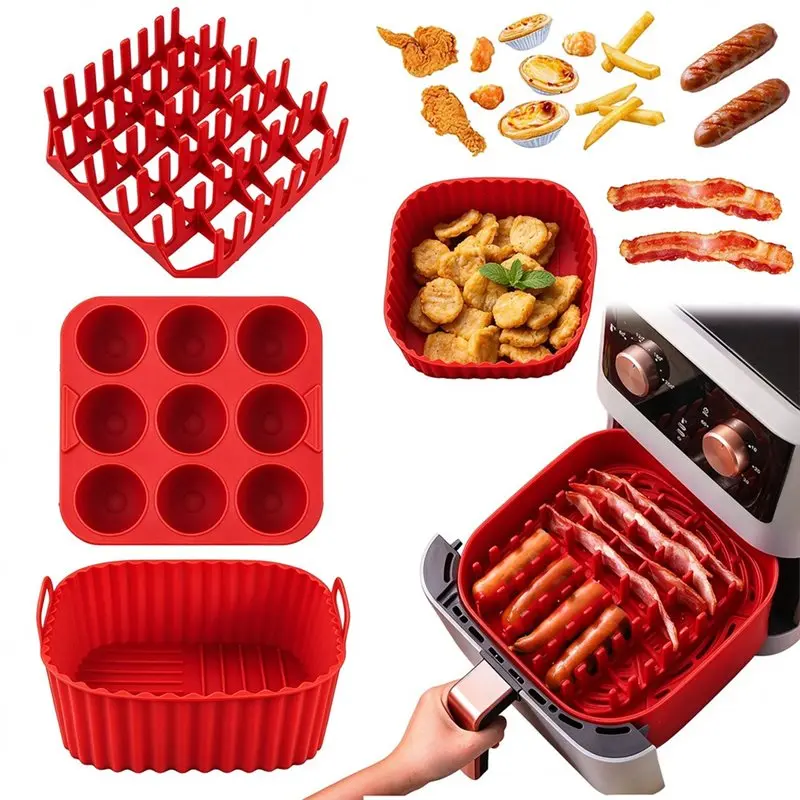 VEHO-Reusable 9-Hole Square Silicone Air Fryer Cake Mold Set Of 3Pcs With Non-Slip Handles For 6-8QT Air Fryers& Ovens