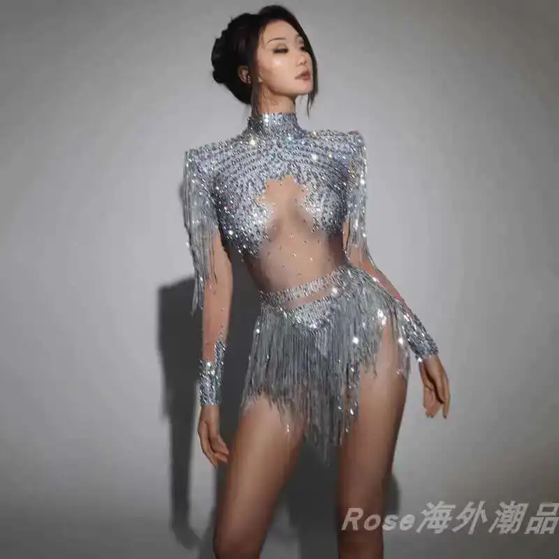

Shiny Silver Tassel Long Sleeve High Waist Jumpsuit Latin Dance Talent Show Costume Nightclub Gogo Performance Outfit