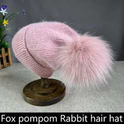 High quality Angora rabbit fur Winter Hat For children Women fox pompom hat Luxury Big size Bonnet Soft Warm Skullies beanies