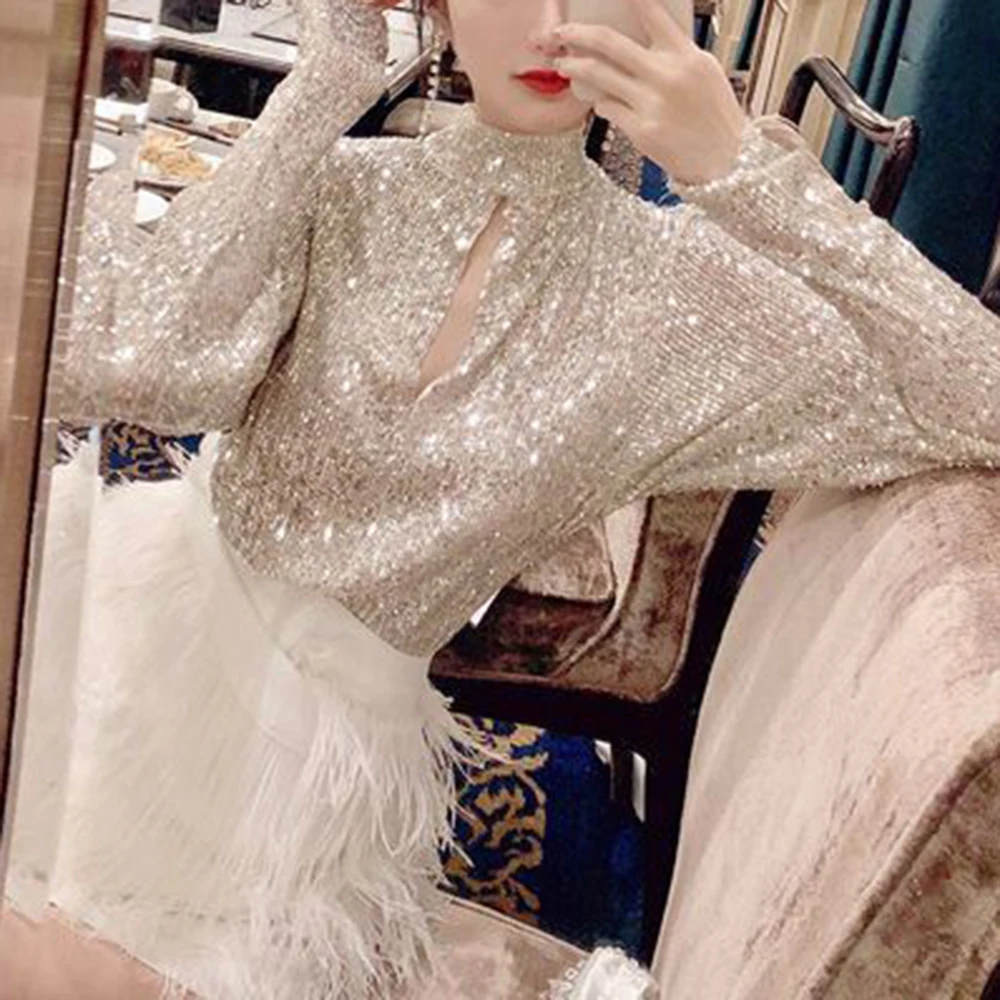 Sequin long-sleeved T-shirt women's spring 2024 new slim-fit turtleneck socialite temperament top