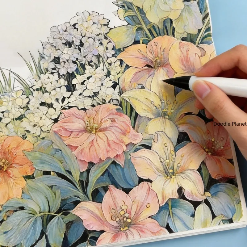 A Garden Flower Landscape Coloring Book, Themed with Dahlias/lilies/chrysanthemums/emperor Butterflies, Line Drawing Brochure