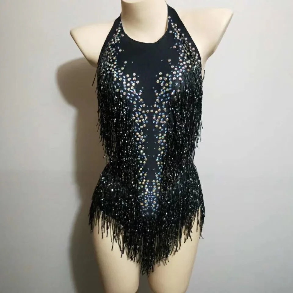 

Black Neck-Mounted Backless Shining Rhinestones With Tassel Sexy Bodysuits For Women Bar Cloth Latin Jazz Dance Queen Costumes