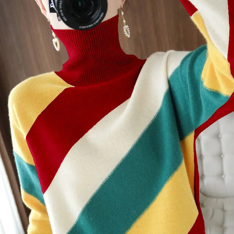 High Collar Sweater Women\'s 2023 Spring Autumn Knitwear Loose Thicke Stripe Color Contrast Soft Knitwear Jumpers Basic Sweaters