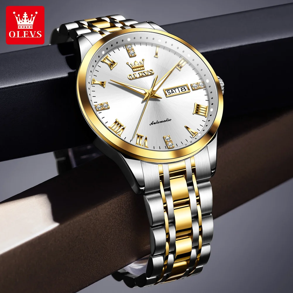 OLEVS 7062 ساعات الزوجين الفاخرة التلقائية الميكانيكية ووتش الفولاذ المقاوم للصدأ تاريخ الأسبوع الساعات للزوجين ساعة اليد للماء #3