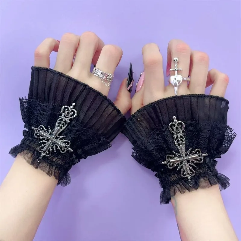 

Halloween Harajuku Style Gothic Double Mesh Gloves Metal Cross Subculture Wrist Set Jk Japanese Hand Cosplay Accessories
