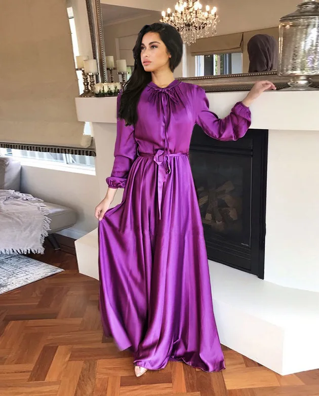 Elegant Satin Women Dresss Evening Party Gowns Middle East Muslim Abaya Turkish long Dresses Robe Longue Mabche Dubai