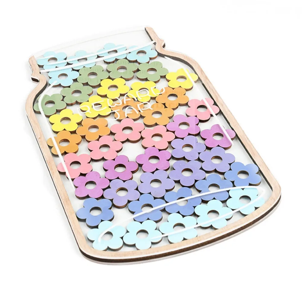 Multicolor Reward Jar Wooden 45Pcs Star Flowers Reward Savings Bottle Self-discipline Design Points Reward