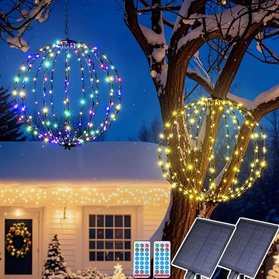 

LED 13 Outdoor Christmas Light Balls, Solar Hanging Lighted Sphere Balls Lights, Prelit Fold Large Rechargeable Waterproof, Glob