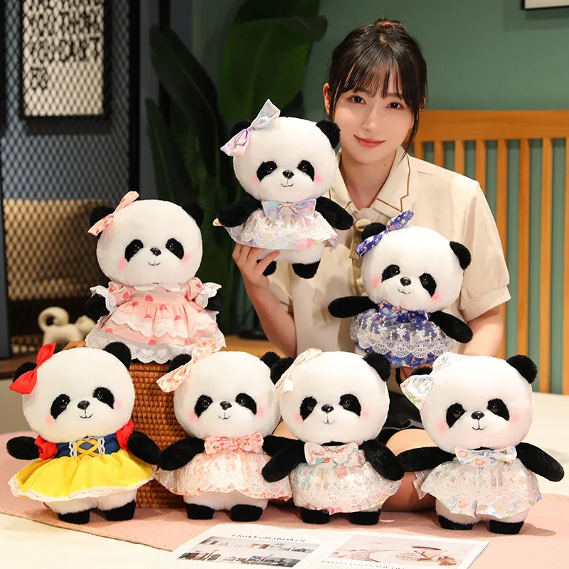 28cm Girl Panda Wear Dress Plush Toys Cute Soft Lovely Stuffed Pillows Dolls For Kids Birthday Gift