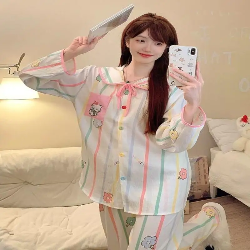 

Sanrio милые стильные пижамы Hello Kitty с принтом, женские весенне-осенние брюки с длинными рукавами, свободная домашняя одежда для отдыха, новинка