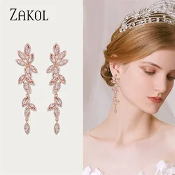 ZAKOL Wedding Bridal Dangle Earrings for Women Luxury Cubic Zirconia Rhinestones Earring Chandelier Brides Bridesmaids Jewelry