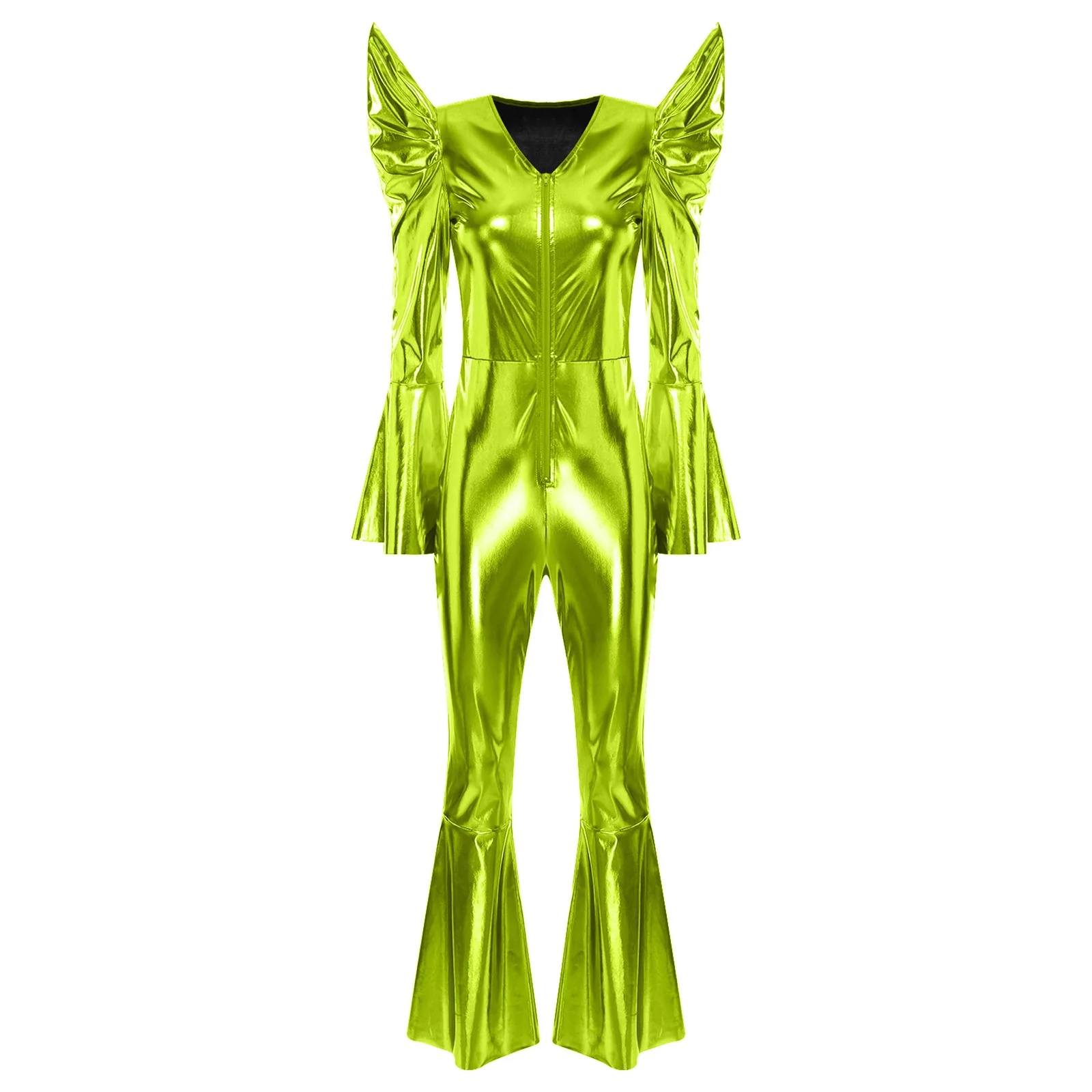 Vrouwen Retro Vintage jaren '70 Disco Outfit Glanzend Metallic Jumpsuit Dans Bell Bottom Hippie Romper Clubwear Festival Halloween Kostuum