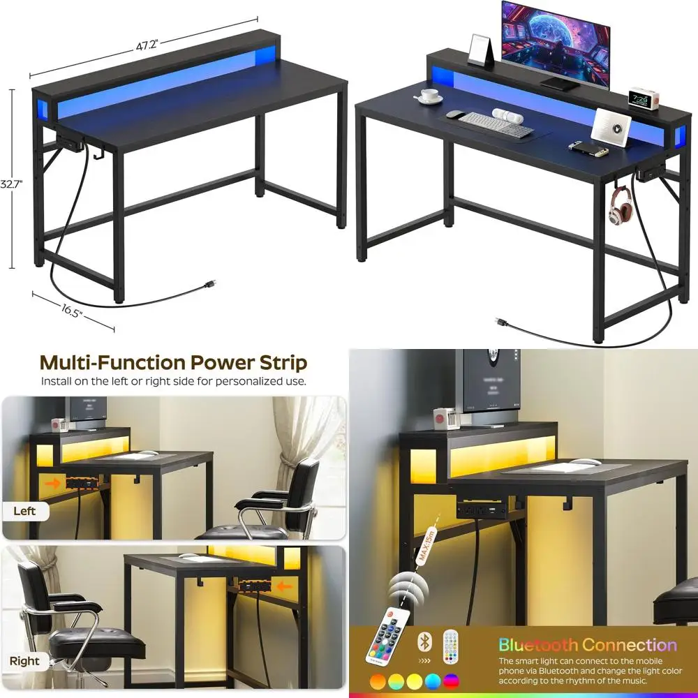 

47.2" Computer Desk with Charging Station and LED Lights, Gaming Desk with Monitor Stand, 2-Tier Home Office Desk with 4 Side Ho