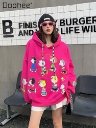 Oversized Graffiti Cartoon Print Hooded Sweatshirts Women 2024 New Spring and Autumn Mid Length Loose Casual Hoodie Coats