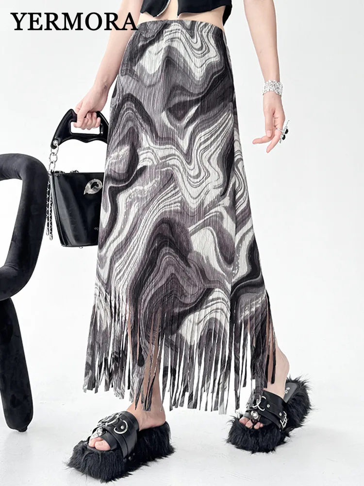 

YERMORA High Elastic Waist Pattern Tassel Casual Half Body Long Skirt For Women Loose New Fashion Tide Spring Summer 2025