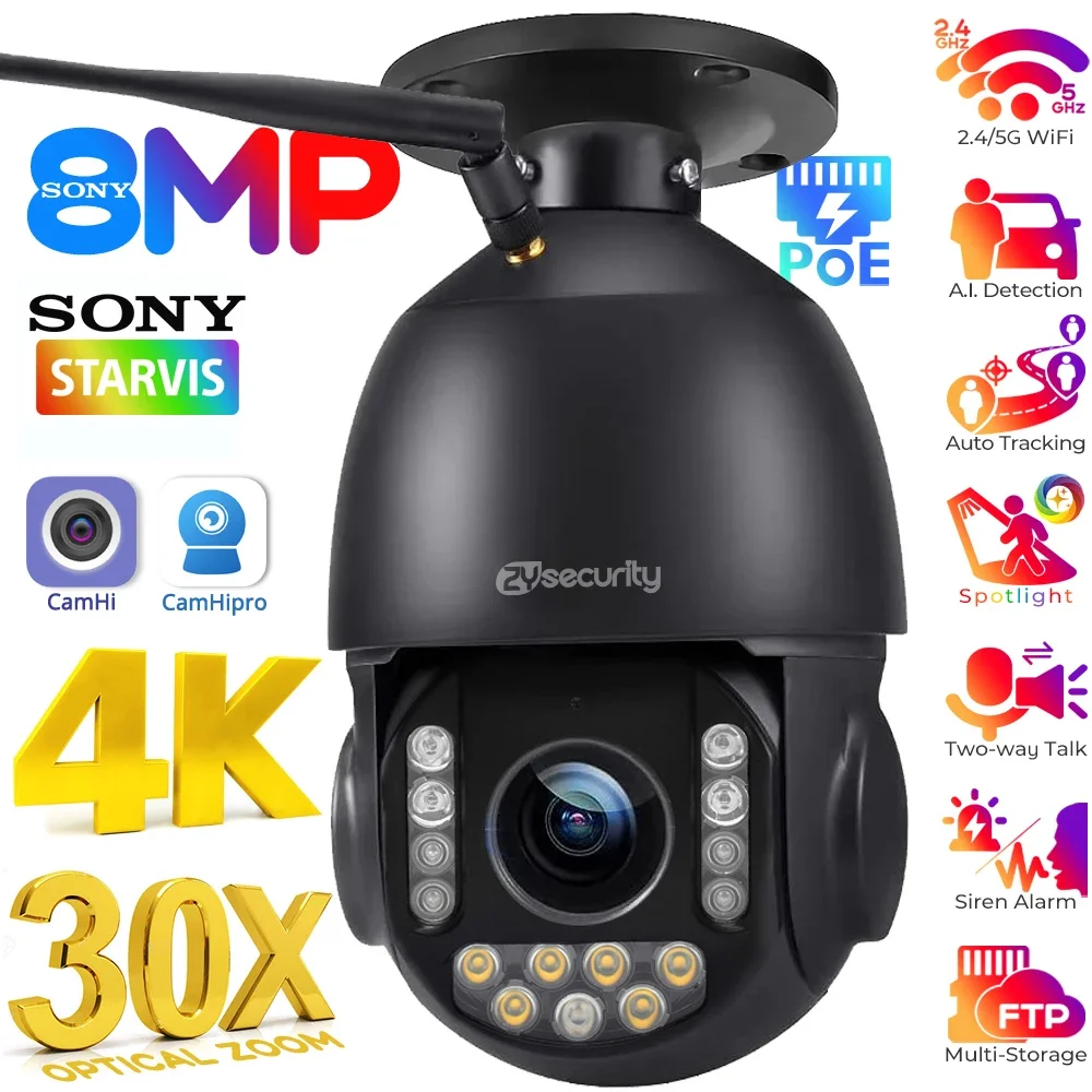 4K WiFi PTZ Camera Outdoor 30X Optical Zoom Security Camera 1000FT Night Vision Wireless IP Camera Auto Tracking Human/Vehicle