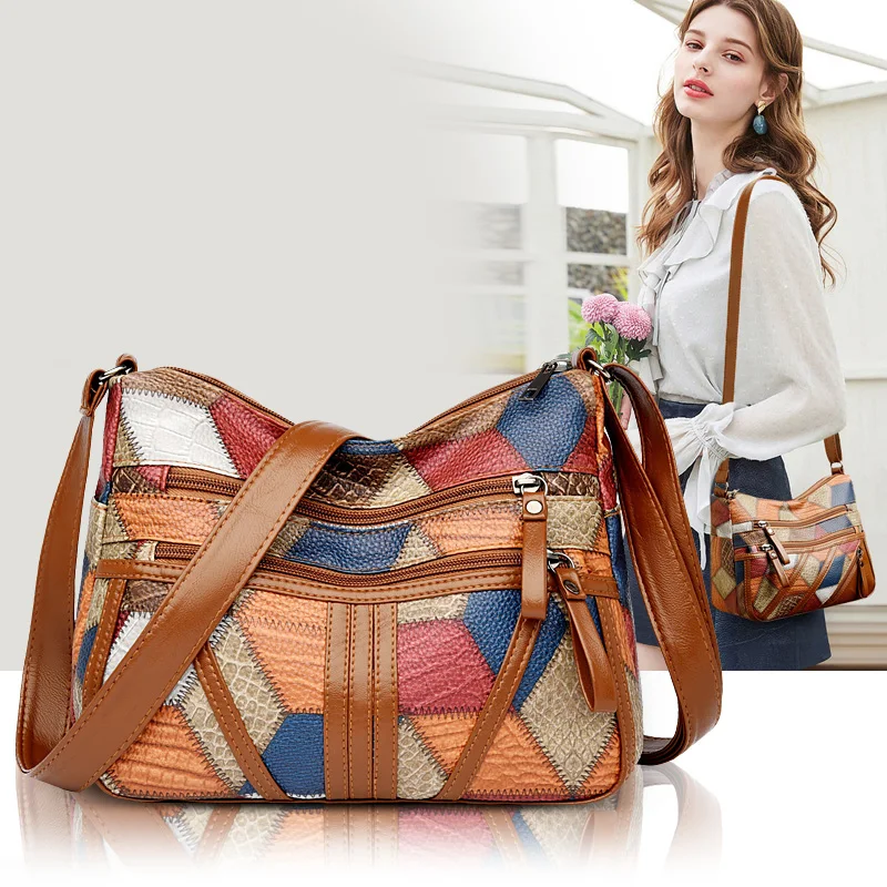 Patchwork Shoulder Bag Women\'s Cross Bag Elegant Handbag with Adjustable Strap Crossbody Sling Purse Female Shopper Summer Bag