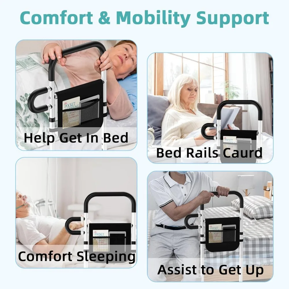 Adjustable Bed Safety Rails for Seniors - Portable Support with Storage Pocket, Holds 330 Lbs, Easy Setup