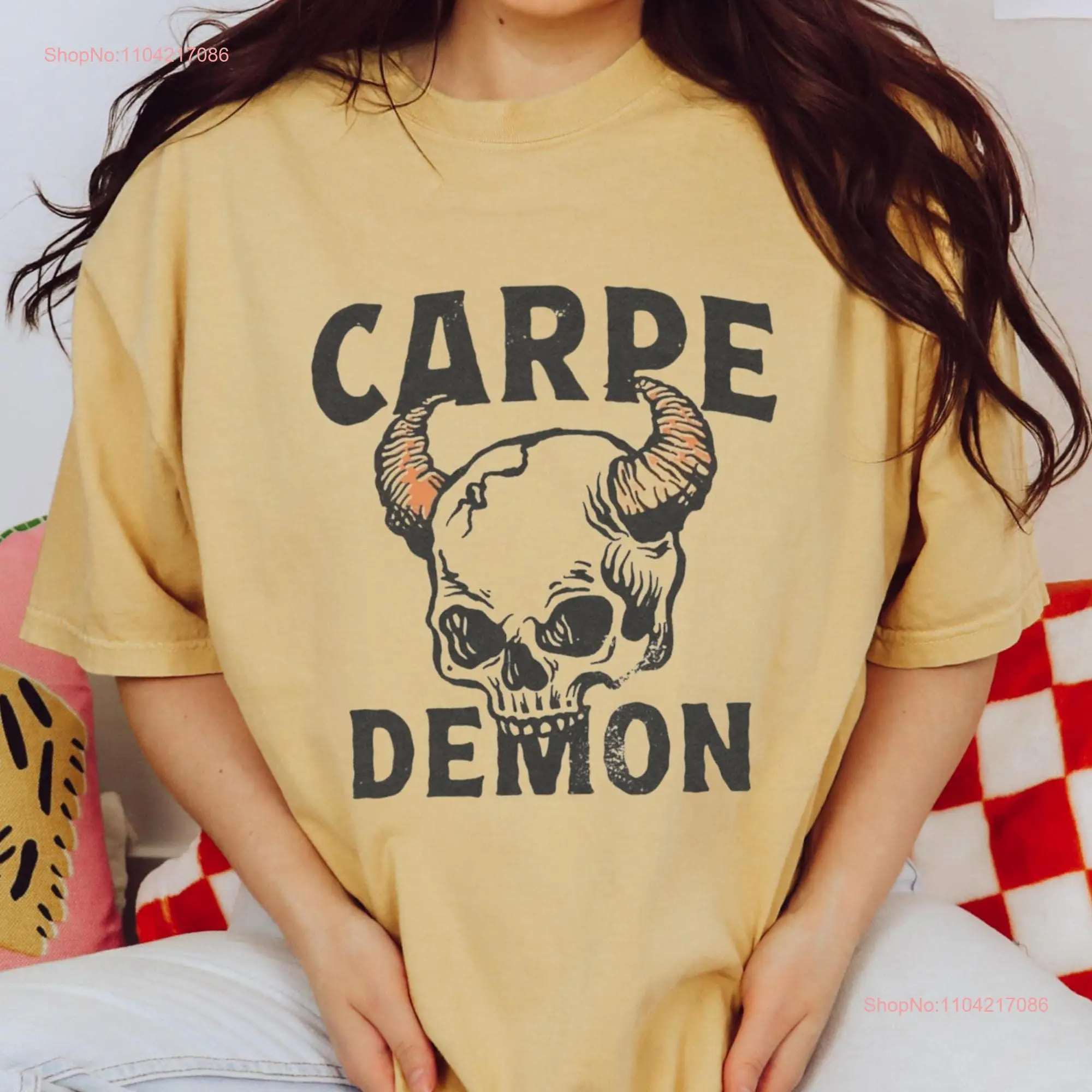 Carpe Demon Skull Halloween T Shirt Retro Vintage Grunge Creepy Spooky Season Diem long or short sleeves