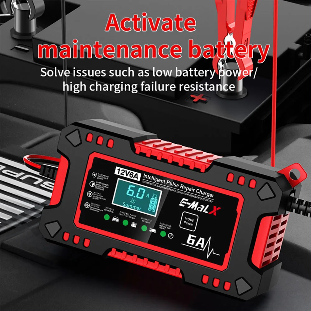 

12V 6A Intelligent Pulse Repair Voltage Temperature Detection Digital LCD Display Car Battery Charger