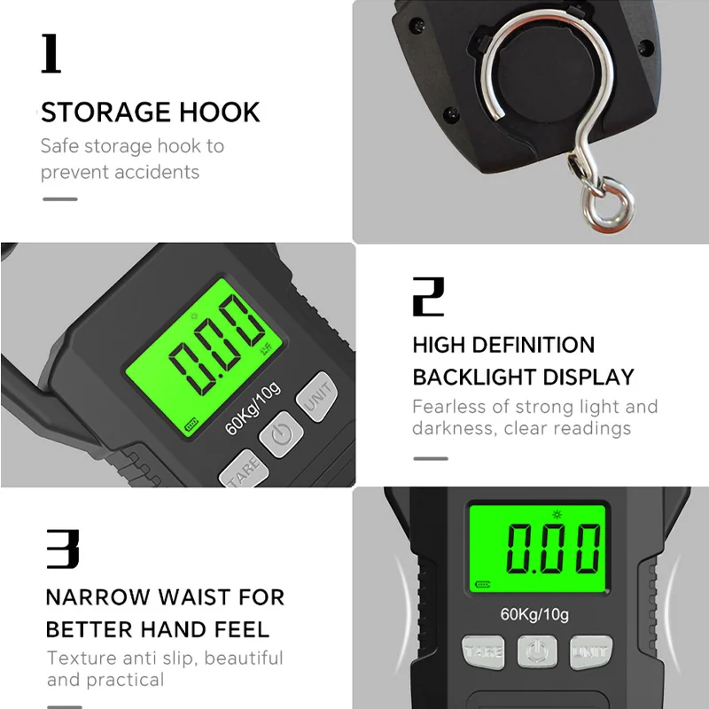Imagem -04 - Portátil Lcd Digital Pesca Pendurado Escala Bagagem Mala Peso Bagagem Gancho de Viagem Ferramenta Peso Eletrônico 60kg 10g