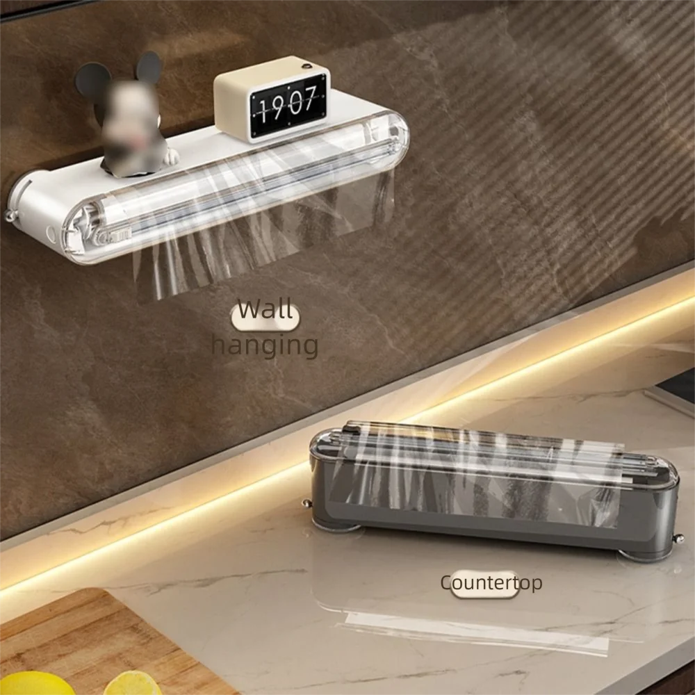 

Suction Cup Cling Film Cutter Box Reusable Wall Mounted Tin Foil Cutter Refillable with Slide Cutter Fresh Bag Cutting Holder