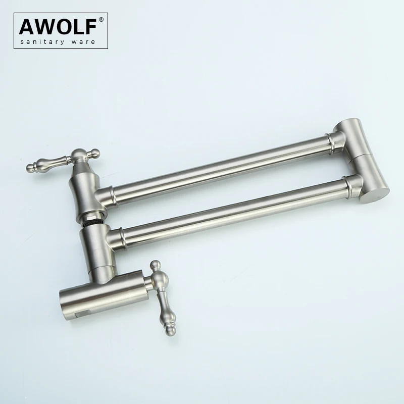 Awolf Kitchen Faucet Brushed Nickel Folding Pot Filler Solid Brass Wall Mounted Tap 360 Degree Rotation Spout Single Hole FW002