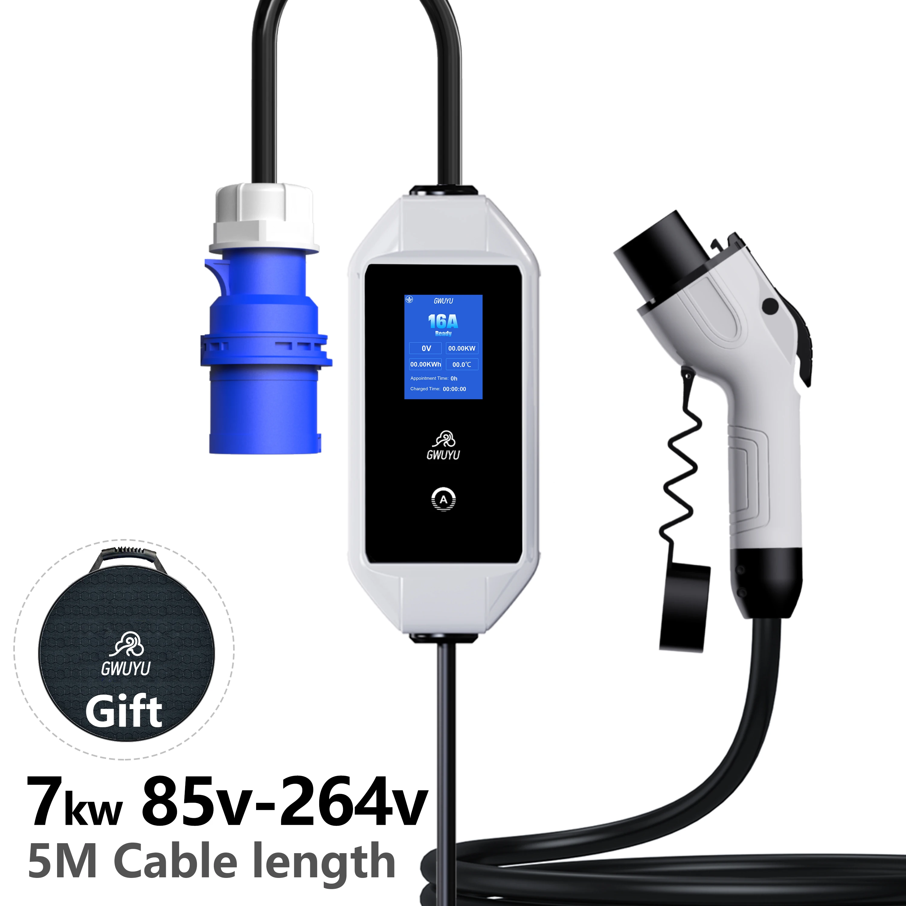 Portable GBT EV Charger 7KW 32A 2.8 Inch LED Display 5M Charging Cable Indoor Outdoor Use Portable EVSE Charging Box for Chinese