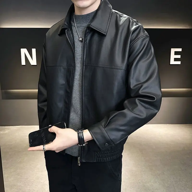

Slim Fit Biker Sle Men's Leather Jaet Faionable Urban Casual Autumn Spring Zipper Closure Long Sve Pure Color Coat
