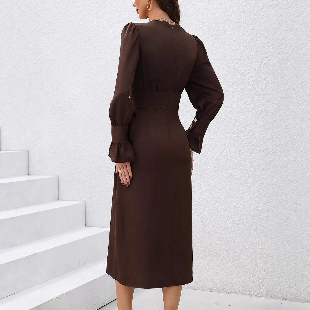 Breijurk Dames shirtjurk met V-hals 2025, herfst, elegante, slanke pasvorm, casual lange jurk met afslankeffect