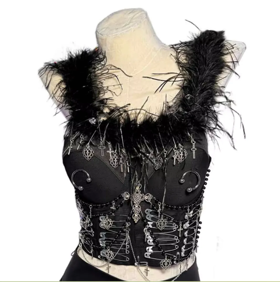 Y2K TOPS Glitch Core Teen Cross Pin E-Girls Gothic Tank Vintage Goth Emo Fashion Revival Punk Rock Harajuku Grunge Club Wear