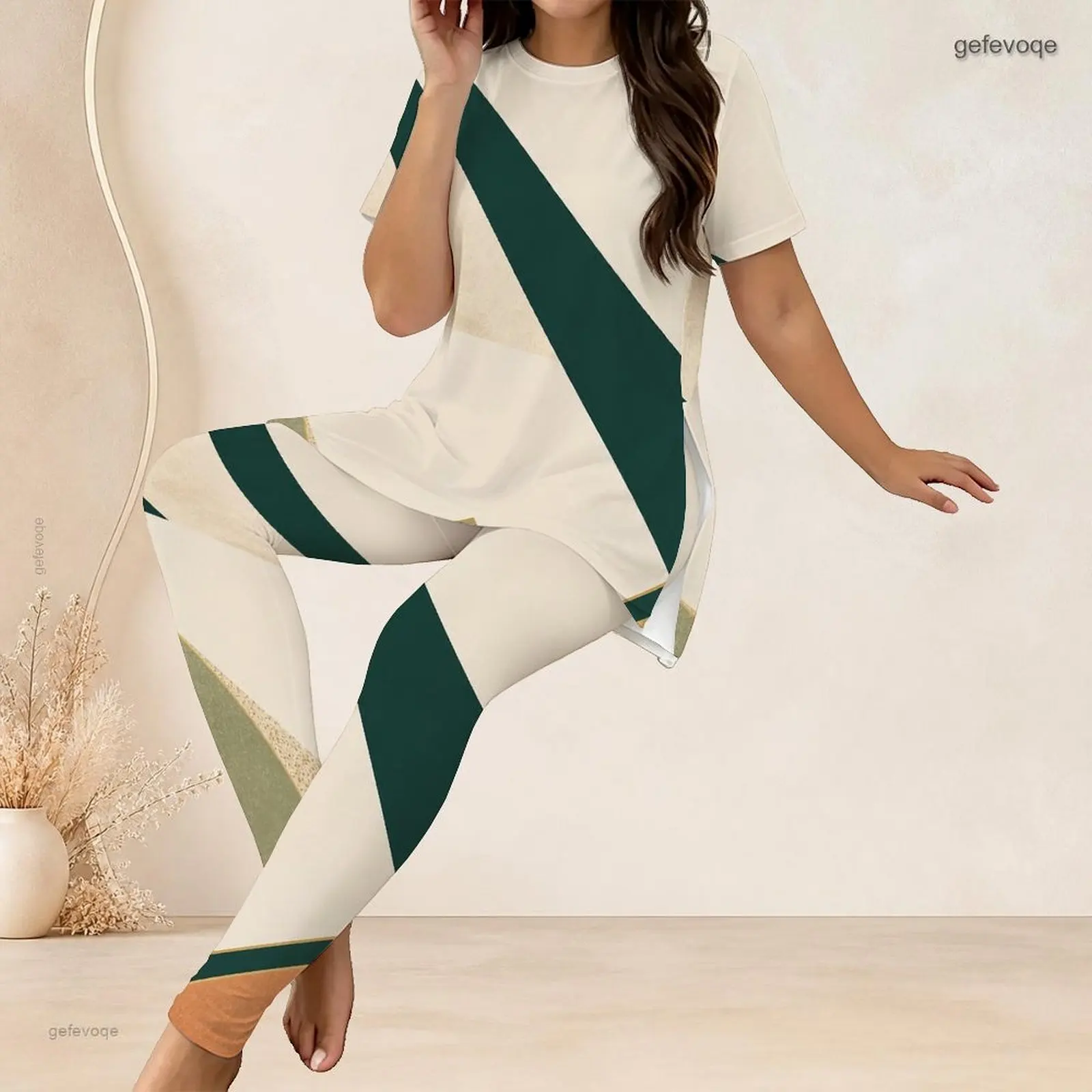 Round Neck Short Sleeve Longline Top Fitted Pants Two Piece Printed Pants Set for Women