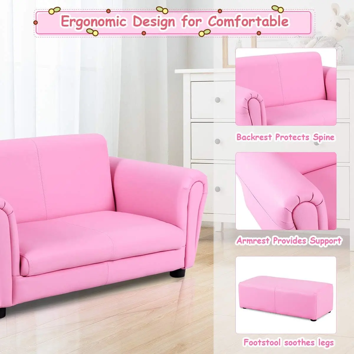 Kids Couch with Footstool, 2 in 1 Double Seat Children's Sofa w/PU Leather Surface, Armrest Chair Lounge, Soft Kids Sofa