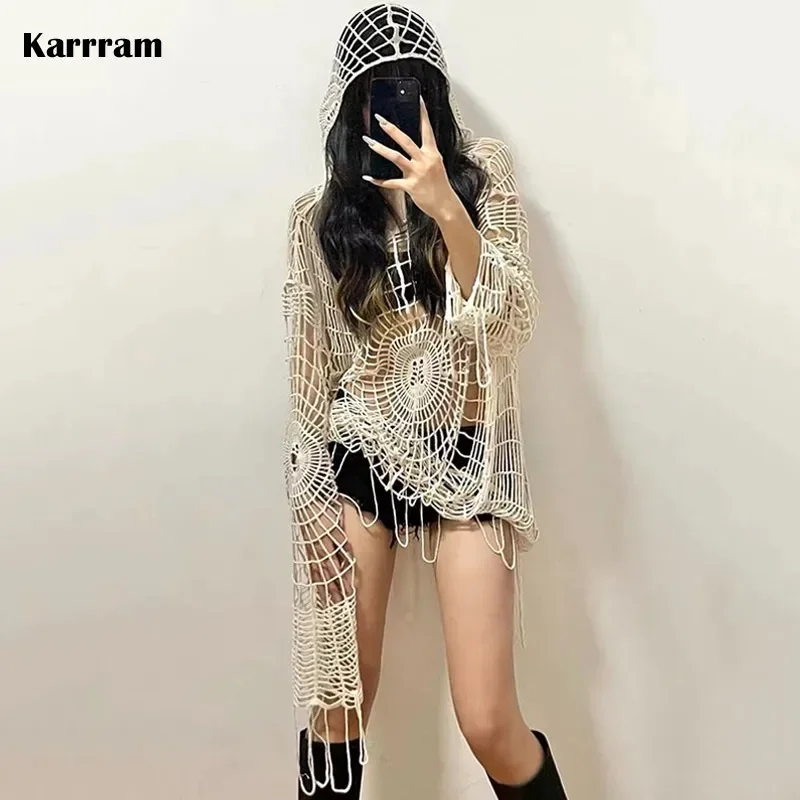 Karrram Lazy Style Hollow Out Jnmpers Grunge Aesthetics Irregular Pullovers Mall Goth Ripped Knit Tops E-gril Y2k Streetwear 00s