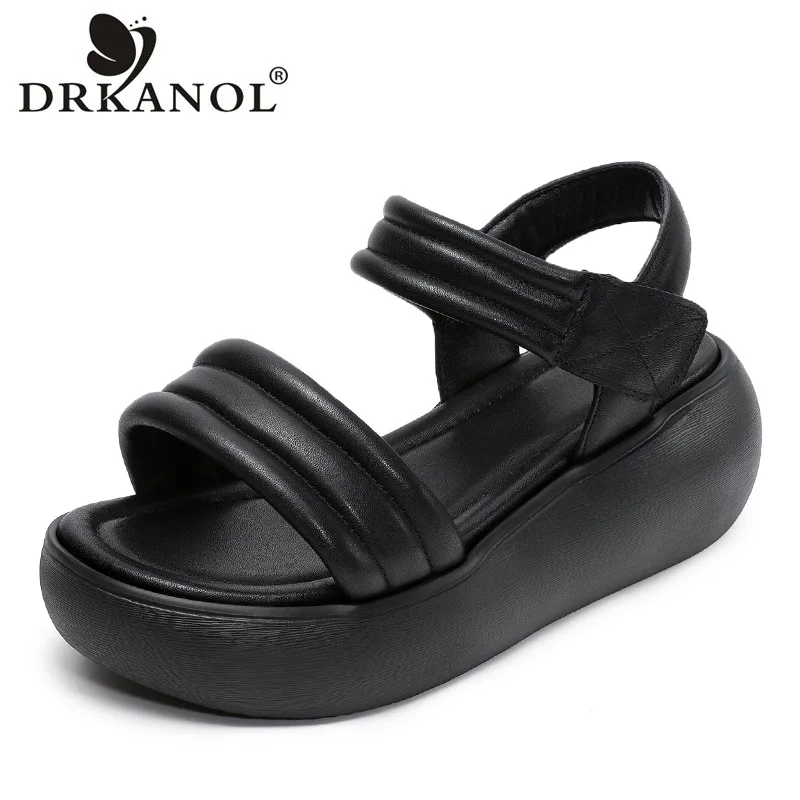 DRKANOL été sandales à talons compensés femmes chaussures à bout ouvert couleur unie en cuir véritable plate-forme hauteur augmentant sandales décontractées