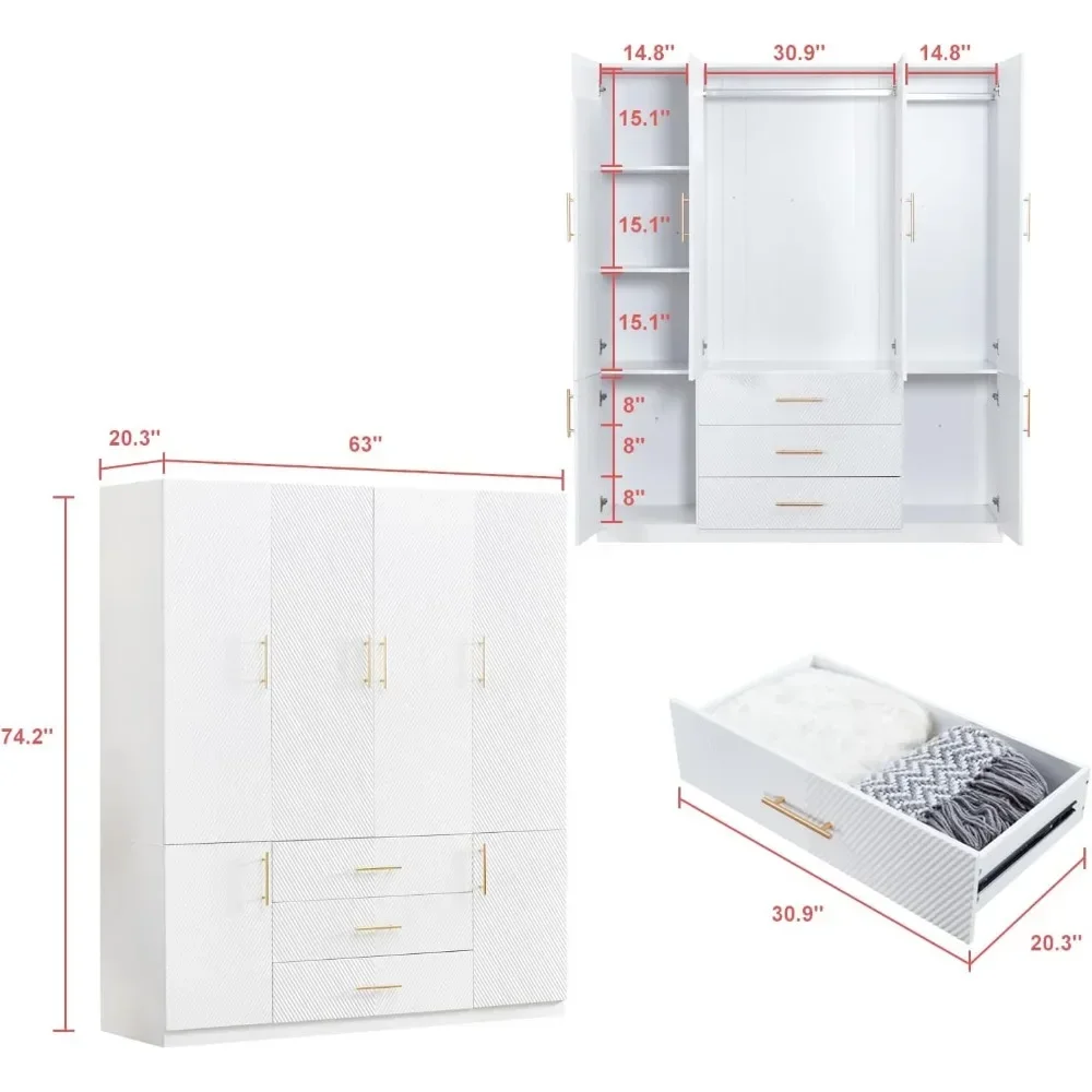 74.2"H White Wood Wardrobe Closet Armoire Freestanding Closet Cabinet for Bedroom Bathroom Clothes Storage Closet Wardrobe image 3