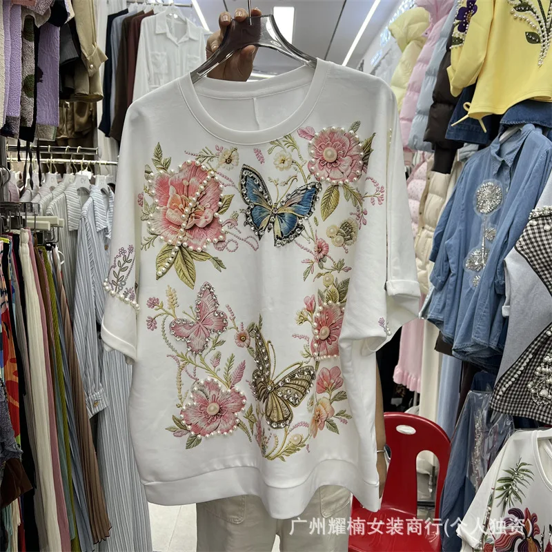 2026 New Spring Summer Loose Short Sleeve T-shirt All-match Round Neck Pullover Top Flowers Printed Beading Casual Women Tees