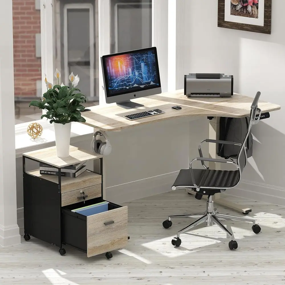 Maple Rolling File Cabinet with Open Shelves and Lockable Storage Drawer