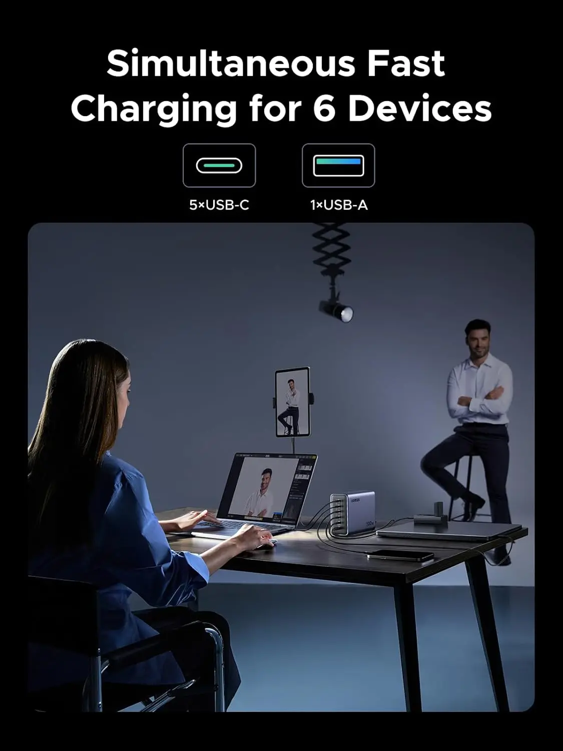 유그린 넥소드 500W GaN 고속 충전 스테이션 6포트 USB C & USB A 스마트 온도 제어 벽걸이형 충전기 (노트북, 휴대폰용)