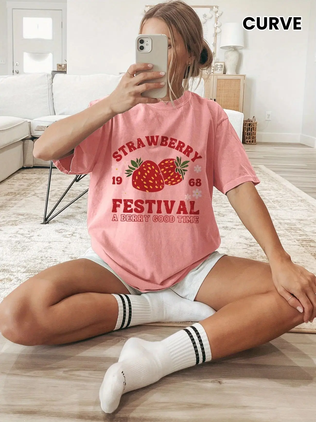 

Plus - Size Strawberry Festival Graphic Tee, Pink&White T-Shirt - Sleeve with “1968” Print